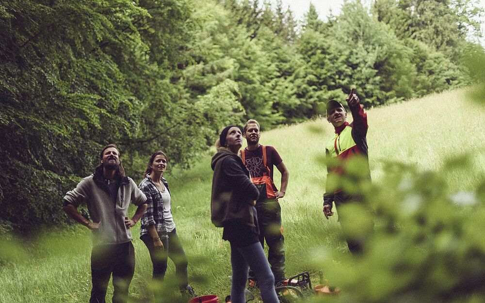 Team steht im Wald und hört einem Guide bei einer Erklärung zu