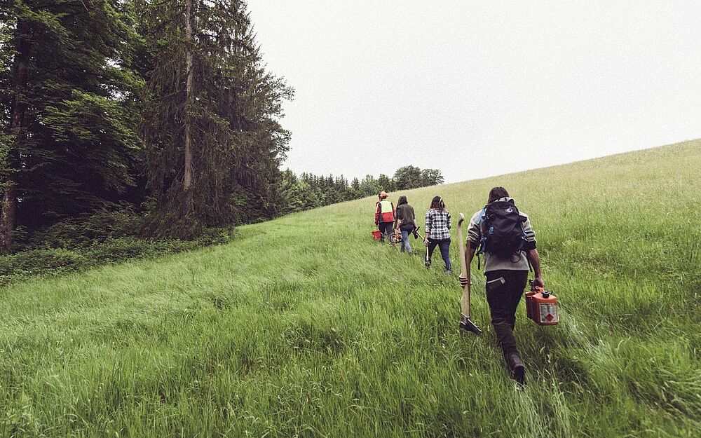 Gruppe läuft hintereinander mit Waldarbeitsgeräten über Wiese Richtung Wald